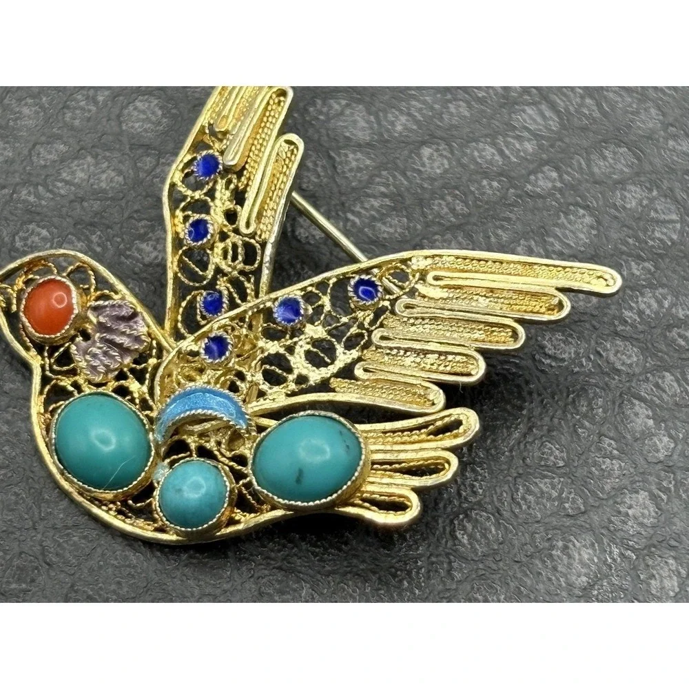 VTG Hummingbird Brooch Vermeil 925 Sterling Silver Turquoise Coral Blue Enamel